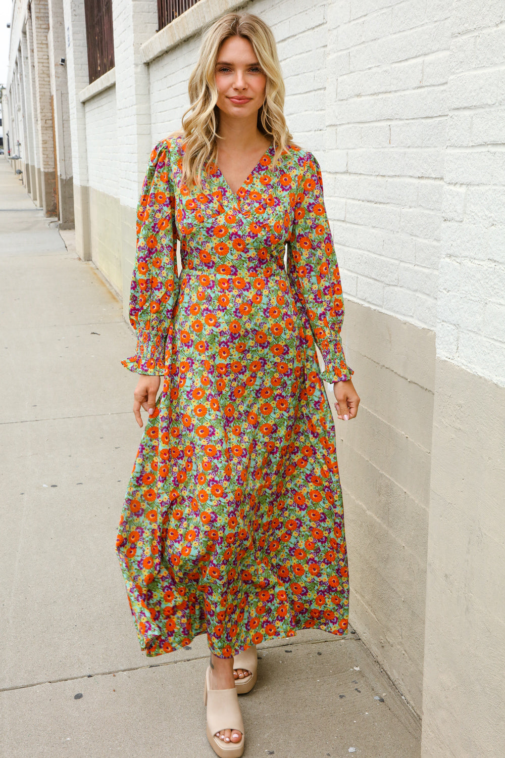Dazzle in Silky Sage & Coral Floral V Neck Smock Ruffle Sleeve Maxi
