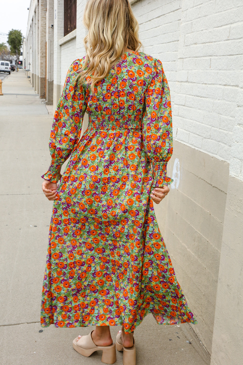 Dazzle in Silky Sage & Coral Floral V Neck Smock Ruffle Sleeve Maxi