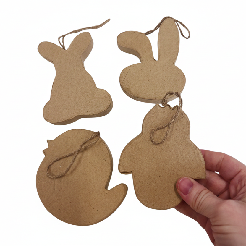 Four brown paper bunny shapes with string tails on a white background, one held by a hand.