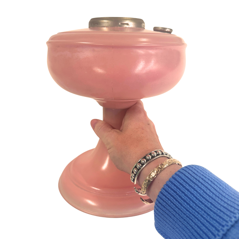 Vintage Pink Satin Glass Oil Lamp with Pedestal Base- vintage- The Celebration Co.