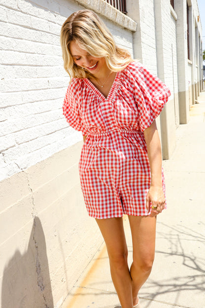 Festival Ready Cotton Red Checker Elastic V Neck Romper
