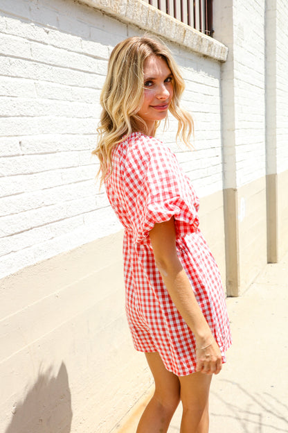Festival Ready Cotton Red Checker Elastic V Neck Romper