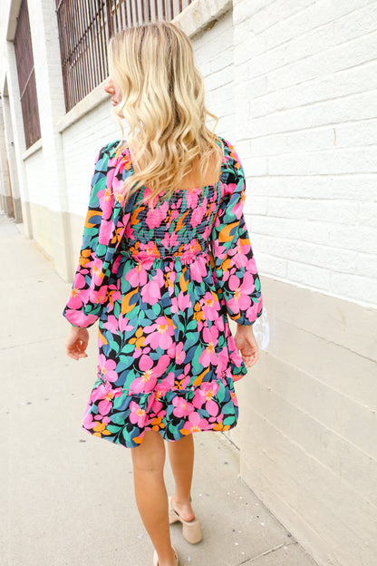 Beautiful You Floral Smocked Square Neck Ruffle Frill Dress