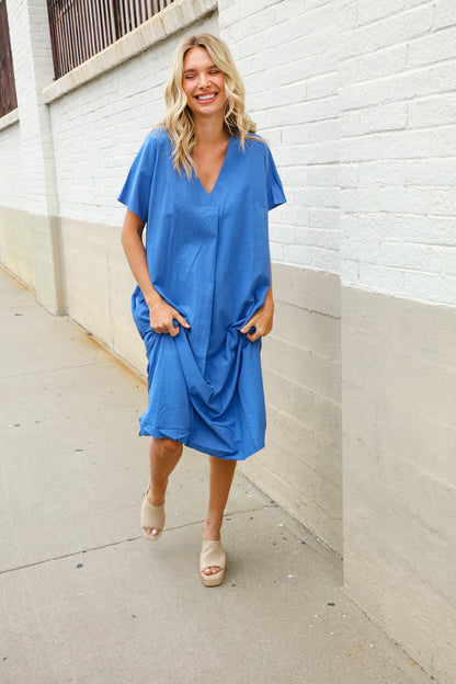 Casual Chic Blue Cotton V Neck Pocketed Midi Tunic