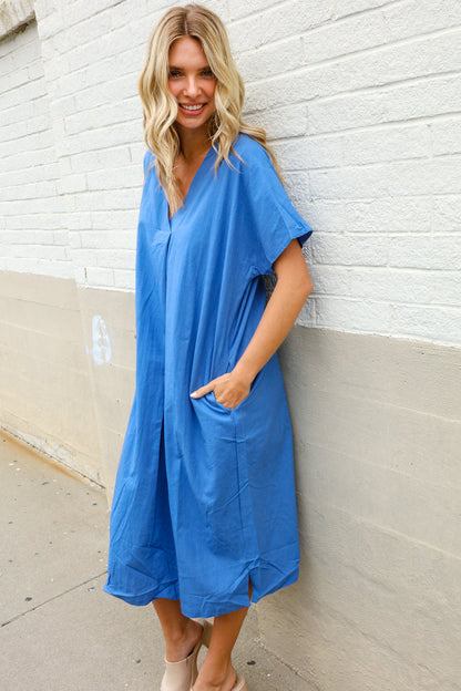 Casual Chic Blue Cotton V Neck Pocketed Midi Tunic