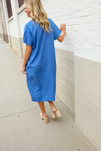 Casual Chic Blue Cotton V Neck Pocketed Midi Tunic