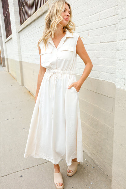 Put Together Ivory Cotton Collar Drawstring Waist Fit & Flare Midi