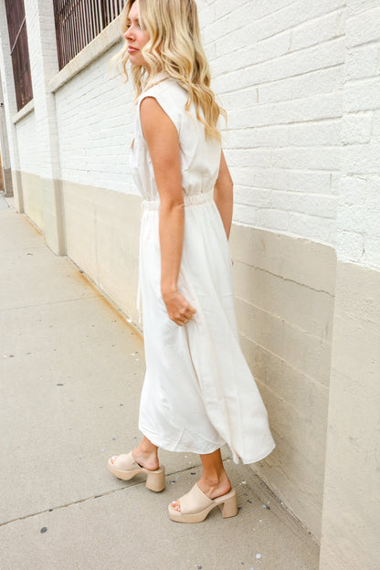 Put Together Ivory Cotton Collar Drawstring Waist Fit & Flare Midi