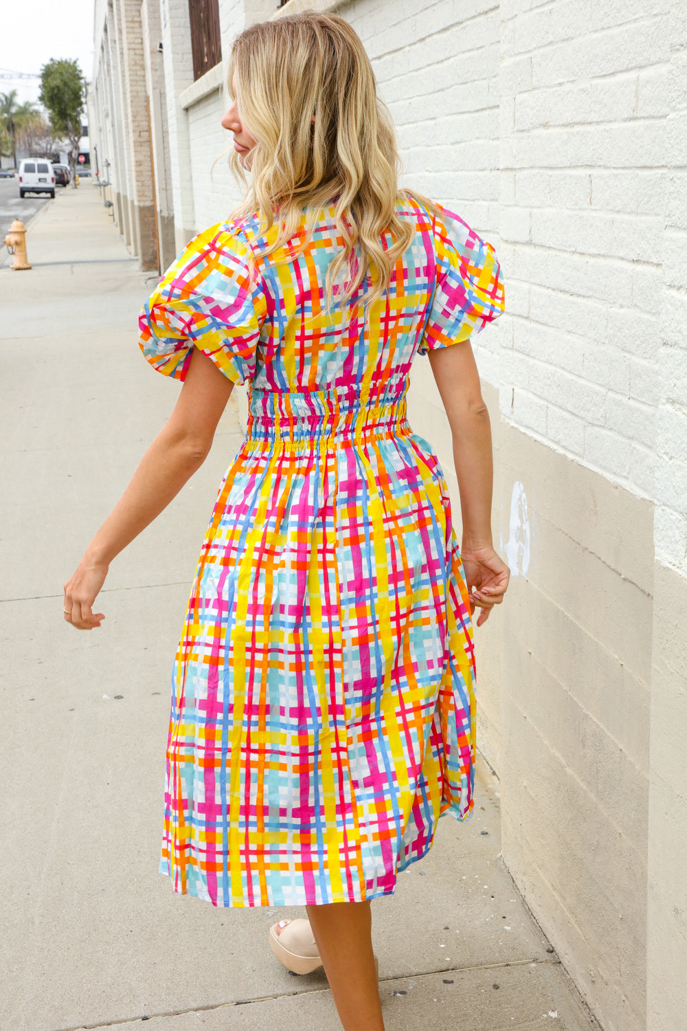 Charming in Multicolor Cotton Plaid Puff Sleeve Sweetheart Neck Dress