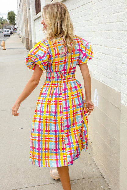 Charming in Multicolor Cotton Plaid Puff Sleeve Sweetheart Neck Dress