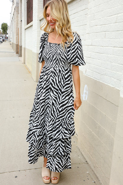 Look My Way Black/White Abstract Print Smocked Neck Maxi Dress