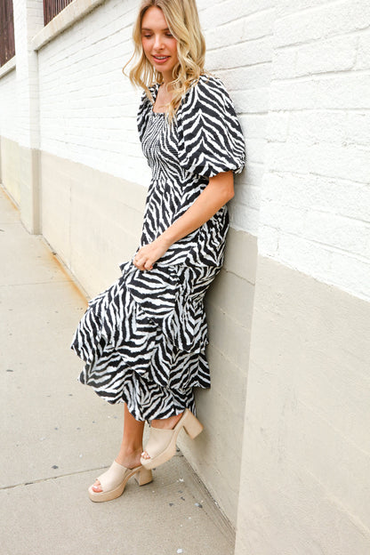 Look My Way Black/White Abstract Print Smocked Neck Maxi Dress