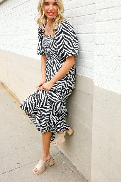 Look My Way Black/White Abstract Print Smocked Neck Maxi Dress