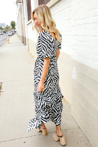 Look My Way Black/White Abstract Print Smocked Neck Maxi Dress