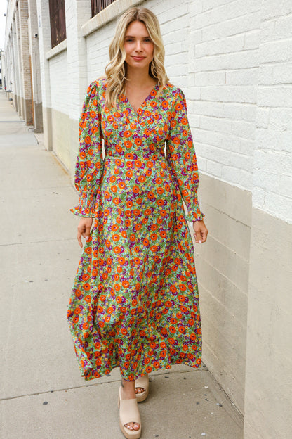 Dazzle in Silky Sage & Coral Floral V Neck Smock Ruffle Sleeve Maxi