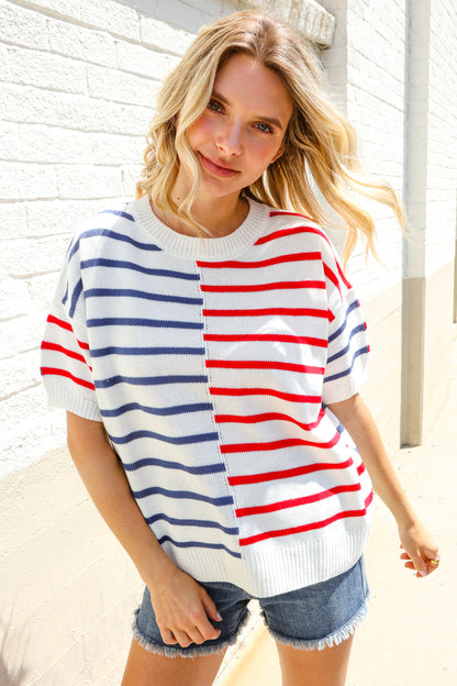 Patriotic Red & Blue Stripe Drop Shoulder Oversize Sweater Top