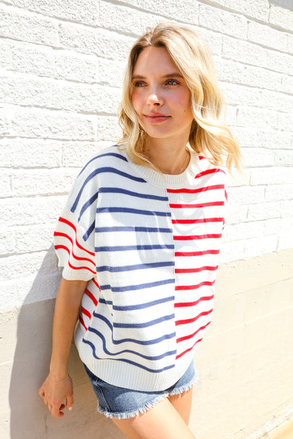 Patriotic Red & Blue Stripe Drop Shoulder Oversize Sweater Top