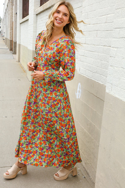 Dazzle in Silky Sage & Coral Floral V Neck Smock Ruffle Sleeve Maxi
