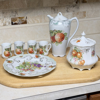Vintage Carl Schumann Bavaria-Inspired Porcelain Set with Fruit Motif Pitcher, Cups, Covered Canister & Plate-  vintage- The Celebration Co.