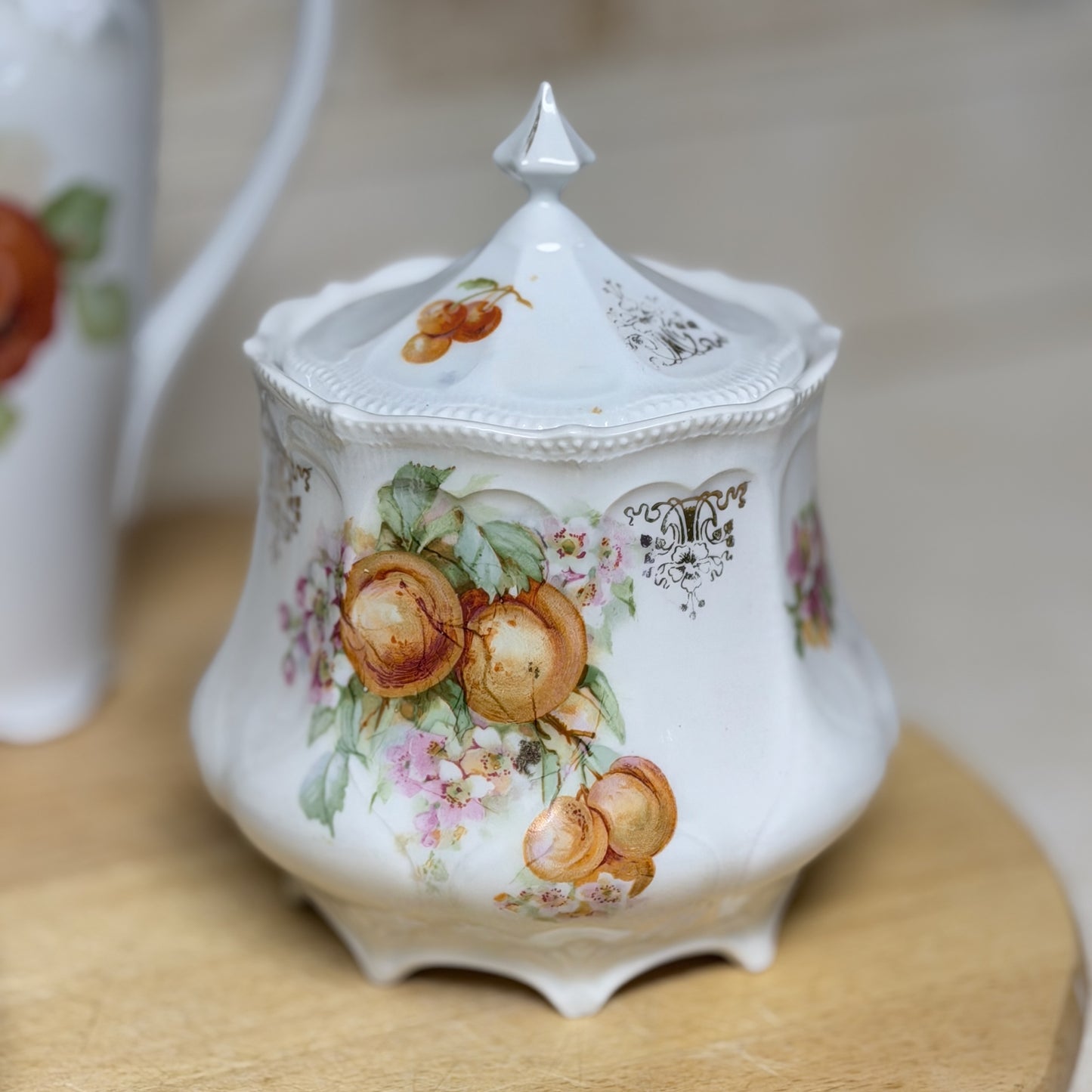 Vintage Carl Schumann Bavaria-Inspired Porcelain Set with Fruit Motif Pitcher, Cups, Covered Canister & Plate-  vintage- The Celebration Co.