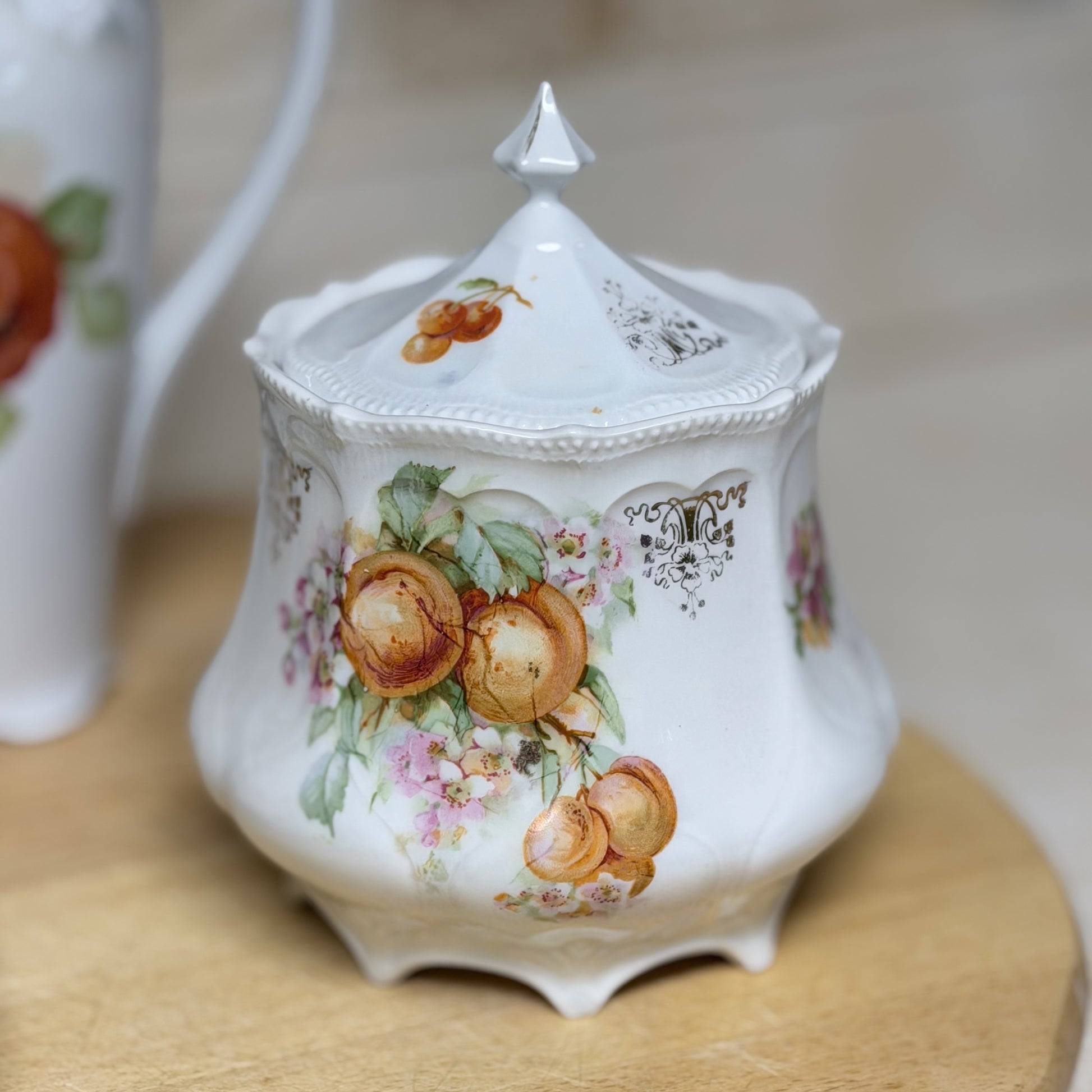 Vintage Carl Schumann Bavaria-Inspired Porcelain Set with Fruit Motif Pitcher, Cups, Covered Canister & Plate-  vintage- The Celebration Co.