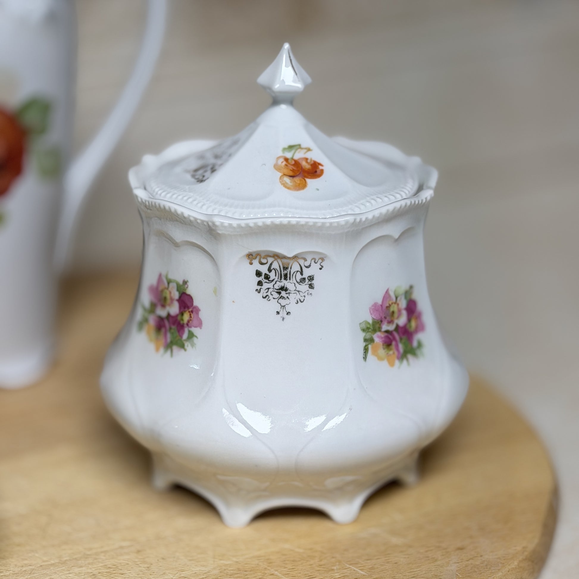 Vintage Carl Schumann Bavaria-Inspired Porcelain Set with Fruit Motif Pitcher, Cups, Covered Canister & Plate-  vintage- The Celebration Co.