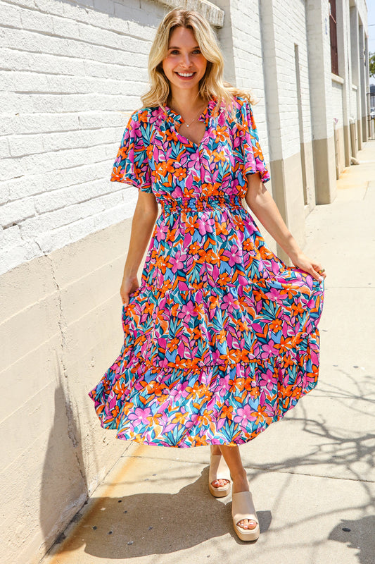 Follow Me Fuchsia Floral Print Frill Notch Neck Bubble Sleeve Dress