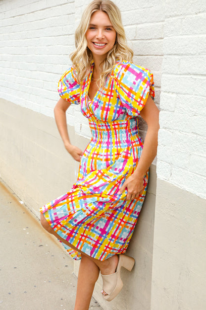 Charming in Multicolor Cotton Plaid Puff Sleeve Sweetheart Neck Dress