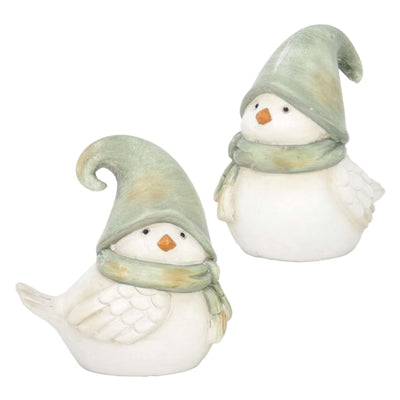 Set 2 Asst Green Scarf/Hat Resin Birds