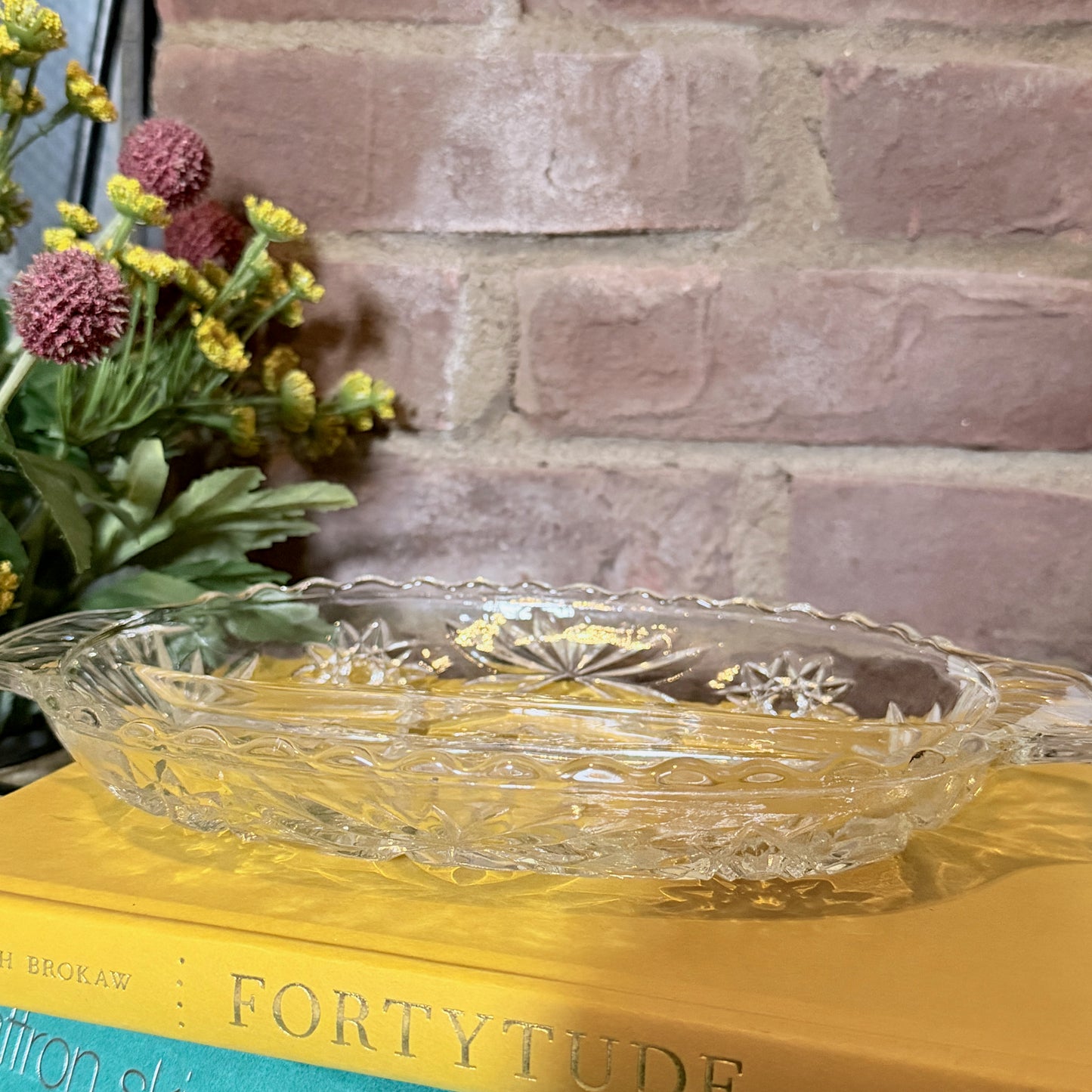 Vintage Clear Pressed Glass Divided Relish Dish in Star of David Pattern-  vintage- The Celebration Co.