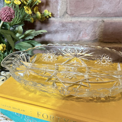 Vintage Clear Pressed Glass Divided Relish Dish in Star of David Pattern-  vintage- The Celebration Co.