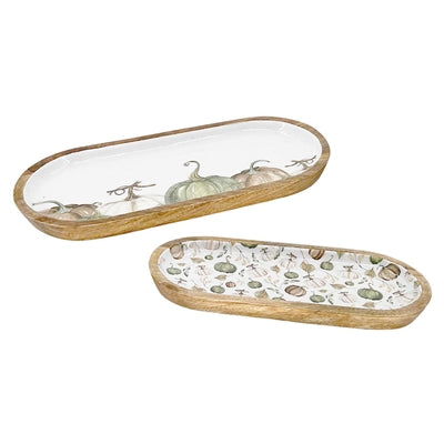 S/2 Pumpkin Cottage Enamel Oval Trays